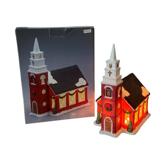 Vtg Galleria Red Church Christmas Village Fine Porcelain Hand Painted Decoration - Picture 1 of 12